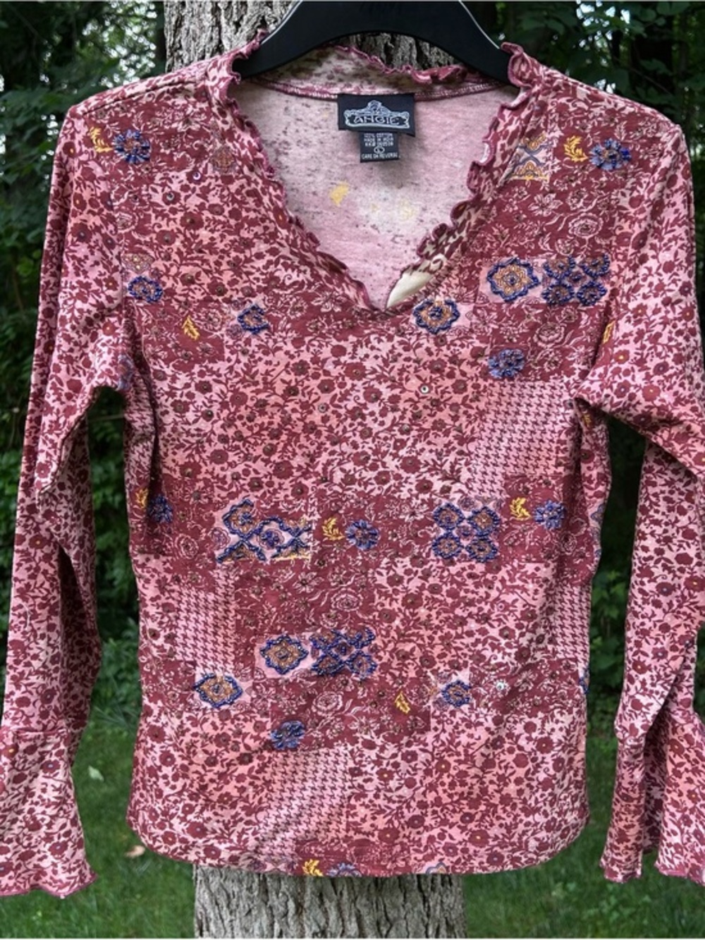 Vintage Y2K Angie Patchwork Beaded Bell Sleeve Top